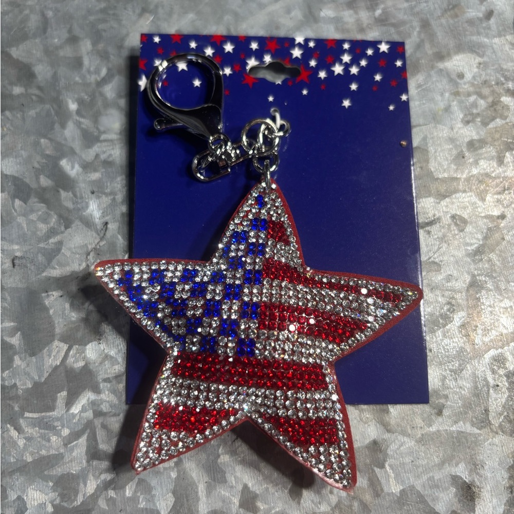 New Rhinestone American Flag Star Bag Charm Keychain - Red, White & Blue - Picture 2 of 4